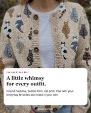 Charlotte editorial styling card: Round neckline, Button front, Cat print.