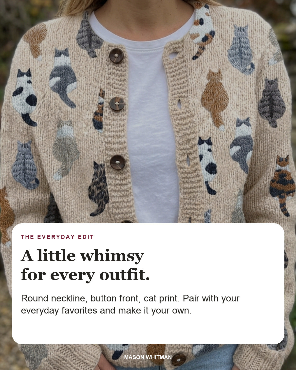 Charlotte editorial styling card: Round neckline, Button front, Cat print.