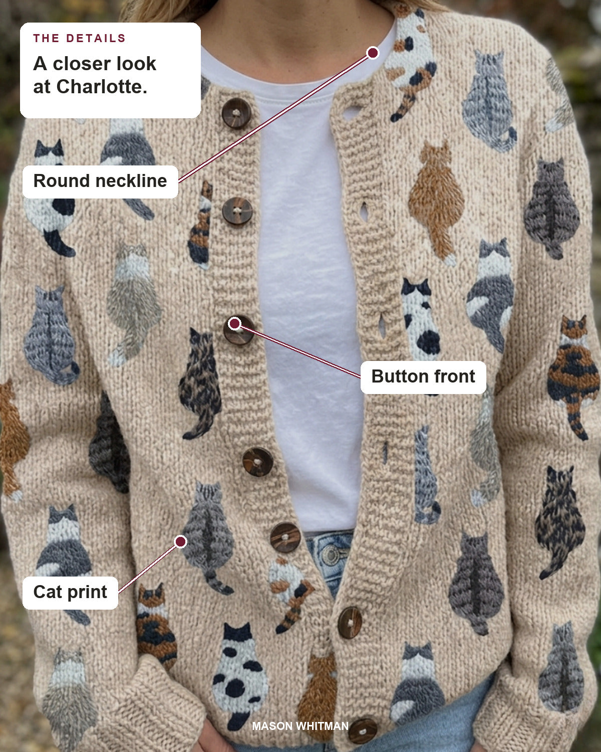 Charlotte details: Round neckline, Button front, Cat print.