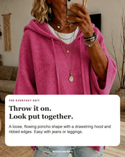 Chloe sweater editorial card: drawstring hood, wide ribbed sleeves, ribbed hem.