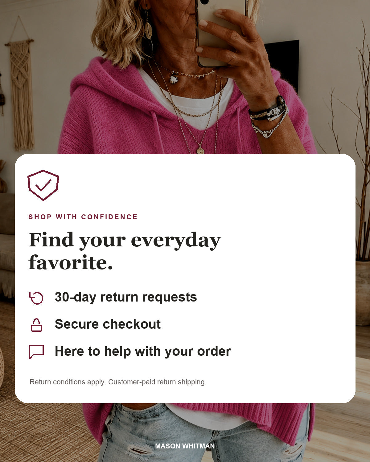 Mason Whitman shopping information: 30-day return requests, secure checkout and customer support. Conditions and customer-paid return shipping apply.