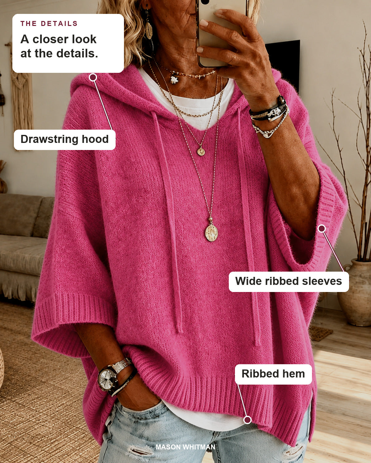 Chloe sweater details: drawstring hood, wide ribbed sleeves, ribbed hem.