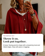 Claire sweater editorial card: drawstring hood, wide ribbed sleeves, ribbed hem.
