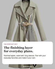 Clarice editorial styling card: Notched lapels, Waist belt, Long sleeves.