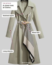 Clarice details: Notched lapels, Waist belt, Long sleeves.