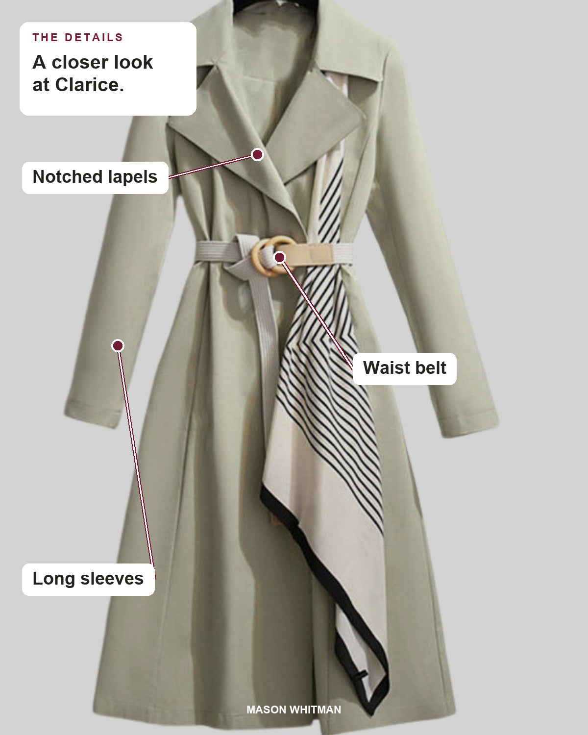 Clarice details: Notched lapels, Waist belt, Long sleeves.
