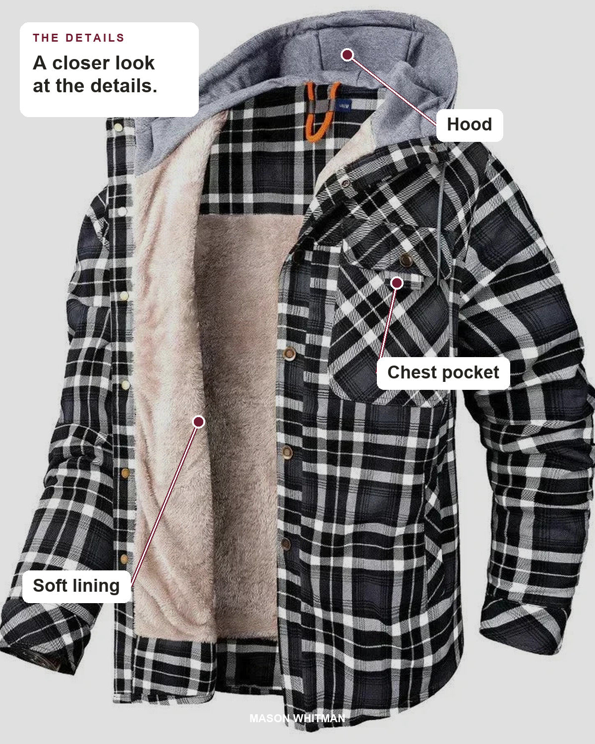 Colton jacket details: hood, chest pocket, soft lining.