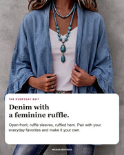 Corinne editorial styling card: Open front, Ruffle sleeves, Ruffled hem.