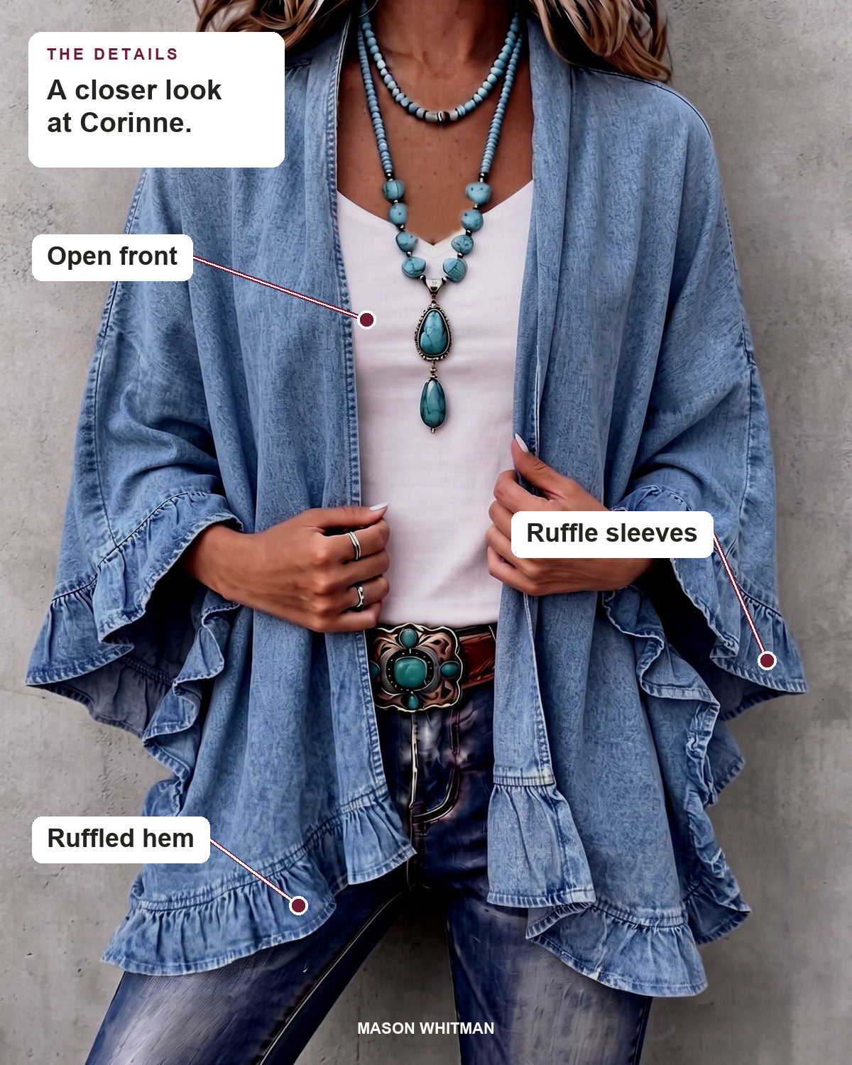 Corinne details: Open front, Ruffle sleeves, Ruffled hem.