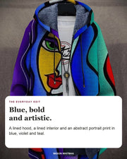 Cormac cardigan editorial card: A lined hood, a lined interior and an abstract portrait print in blue, violet and teal.