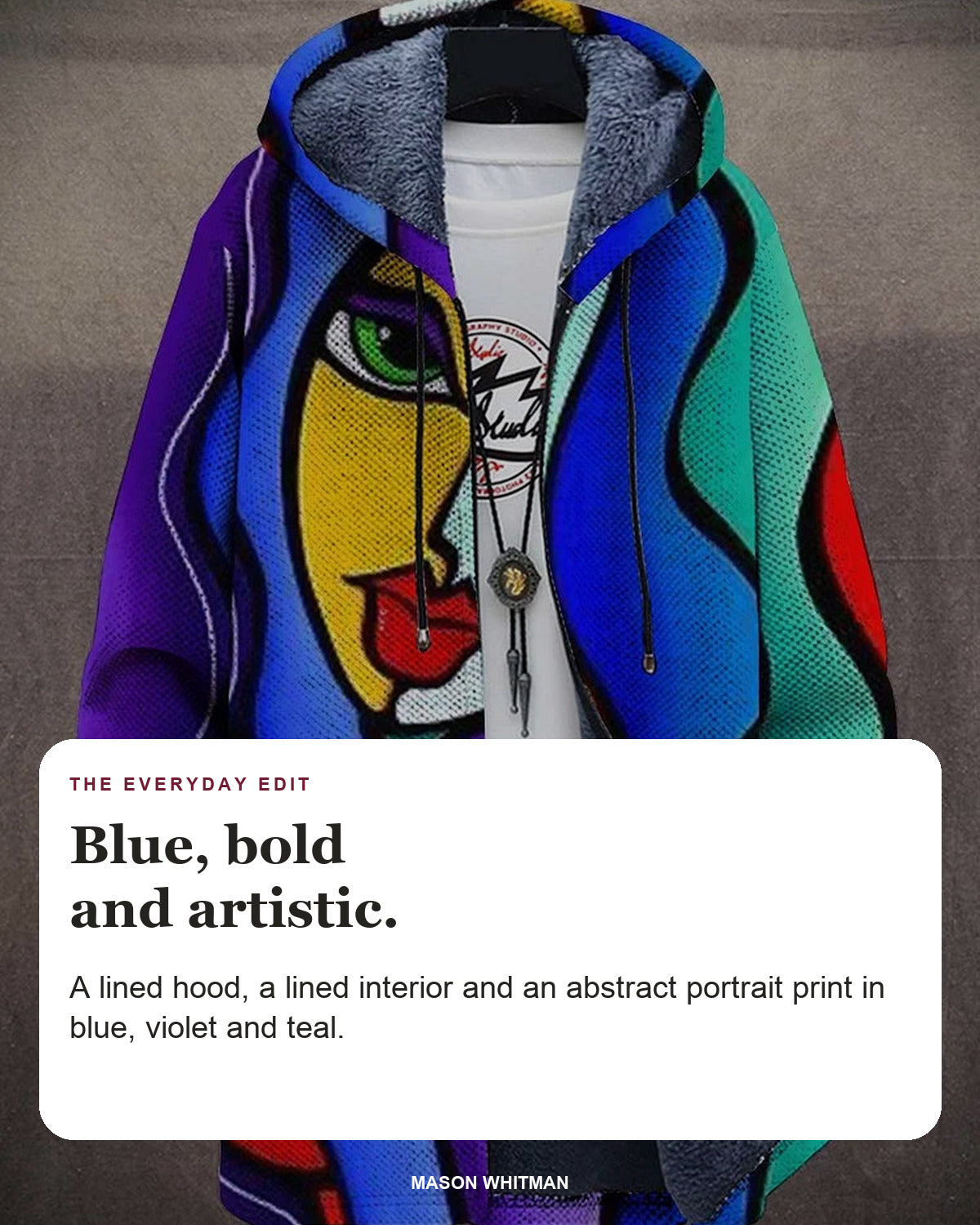 Cormac cardigan editorial card: A lined hood, a lined interior and an abstract portrait print in blue, violet and teal.