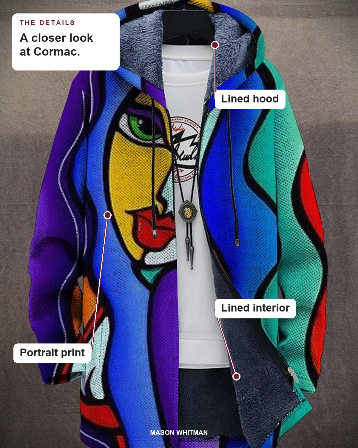 Cormac details: lined hood, lined interior and portrait print.