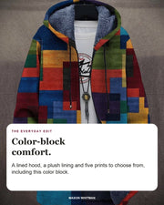 Cynthia cardigan editorial card: A lined hood, a plush lining and five prints to choose from, including this color block.