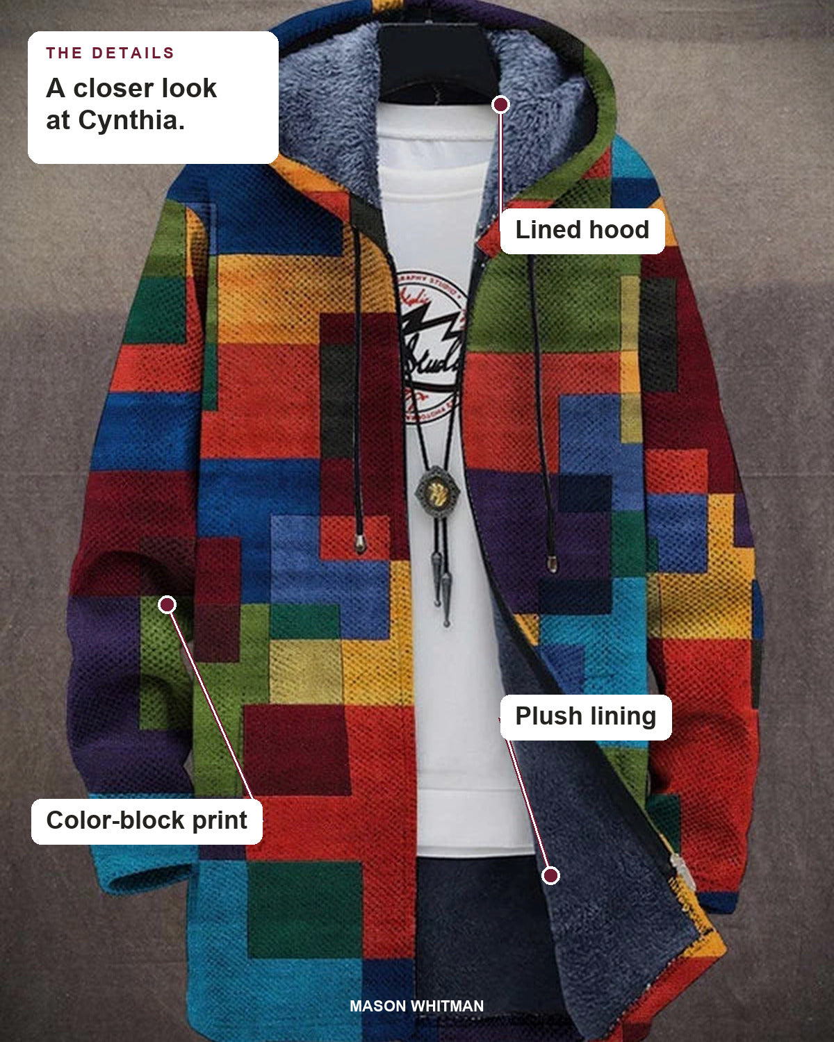 Cynthia details: lined hood, plush lining and color-block print.