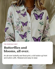Dahlia blouse editorial card: butterfly print, button-up front, button cuffs.