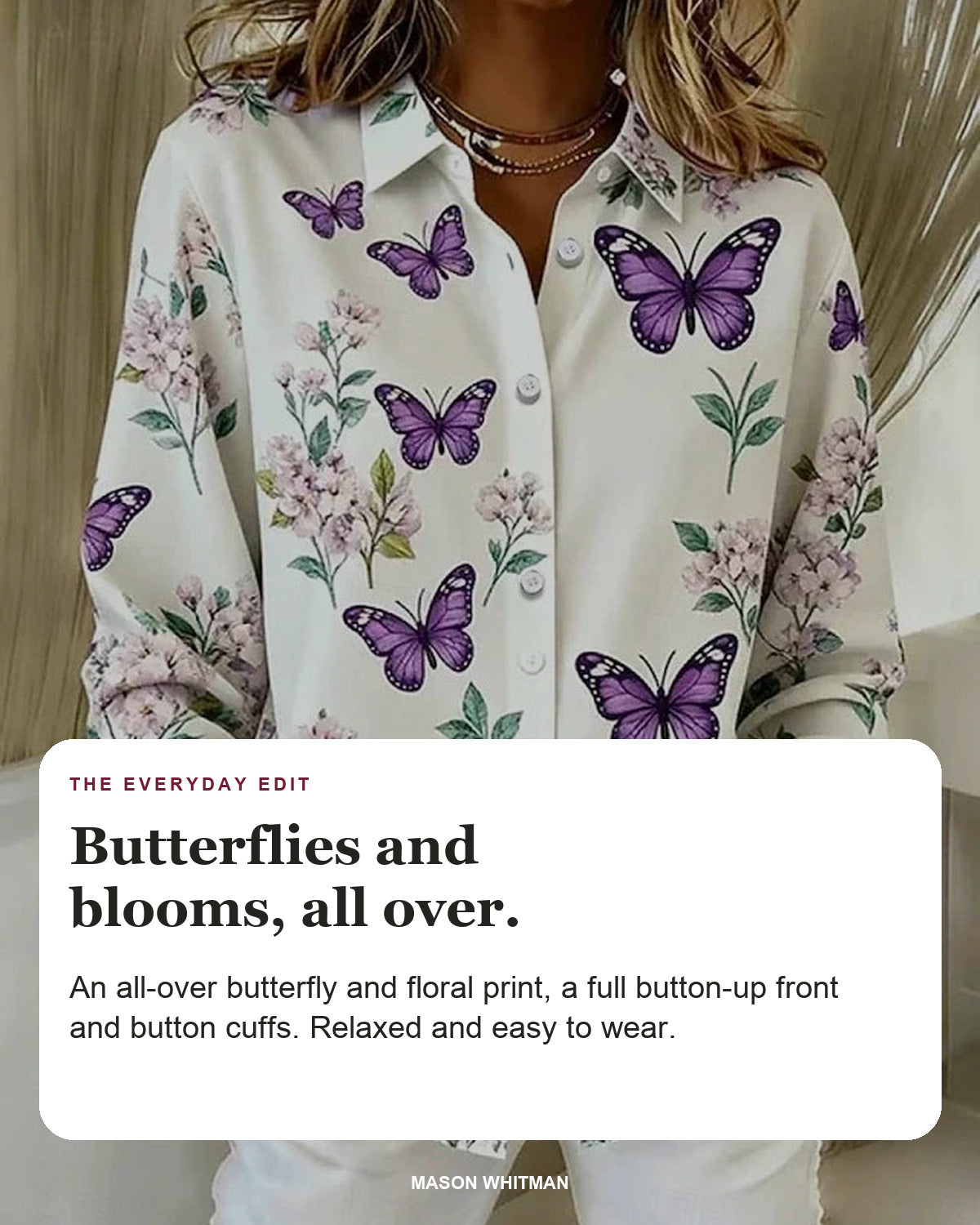 Dahlia blouse editorial card: butterfly print, button-up front, button cuffs.