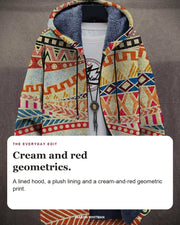 Dashiell cardigan editorial card: A lined hood, a plush lining and a cream-and-red geometric print.