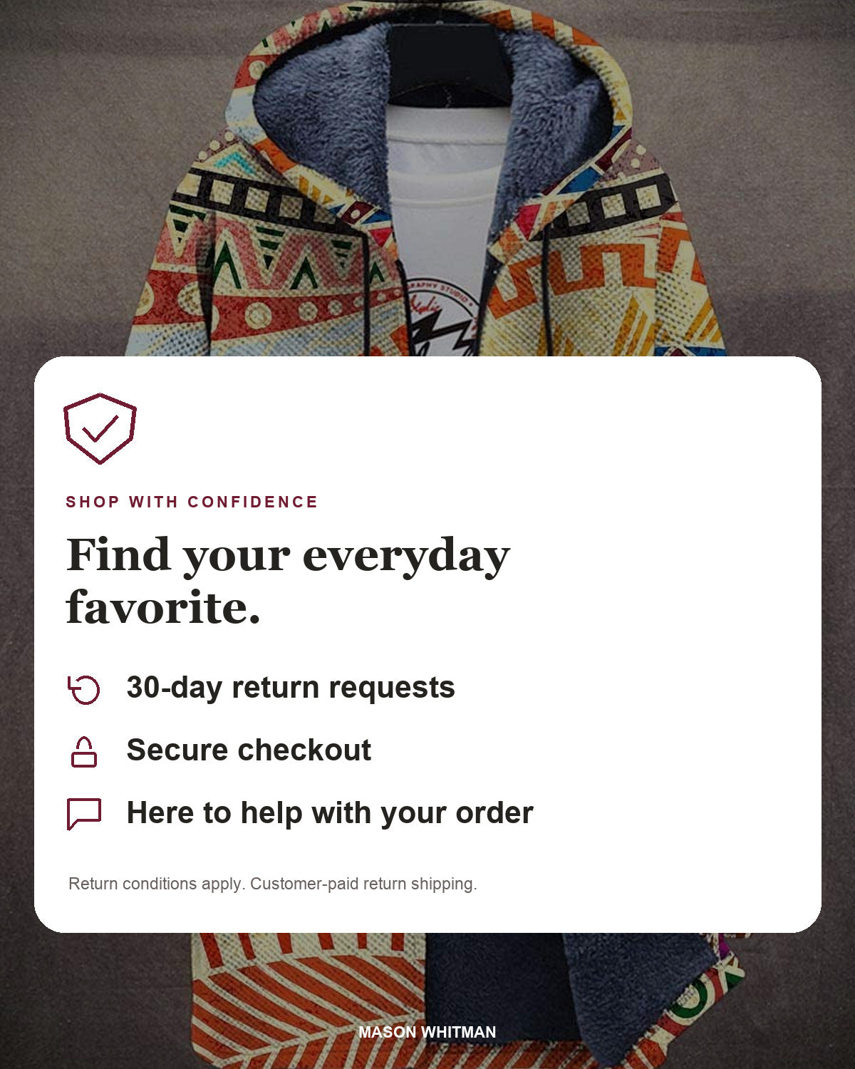Mason Whitman shopping information: 30-day return requests, secure checkout and customer support. Conditions and customer-paid return shipping apply.