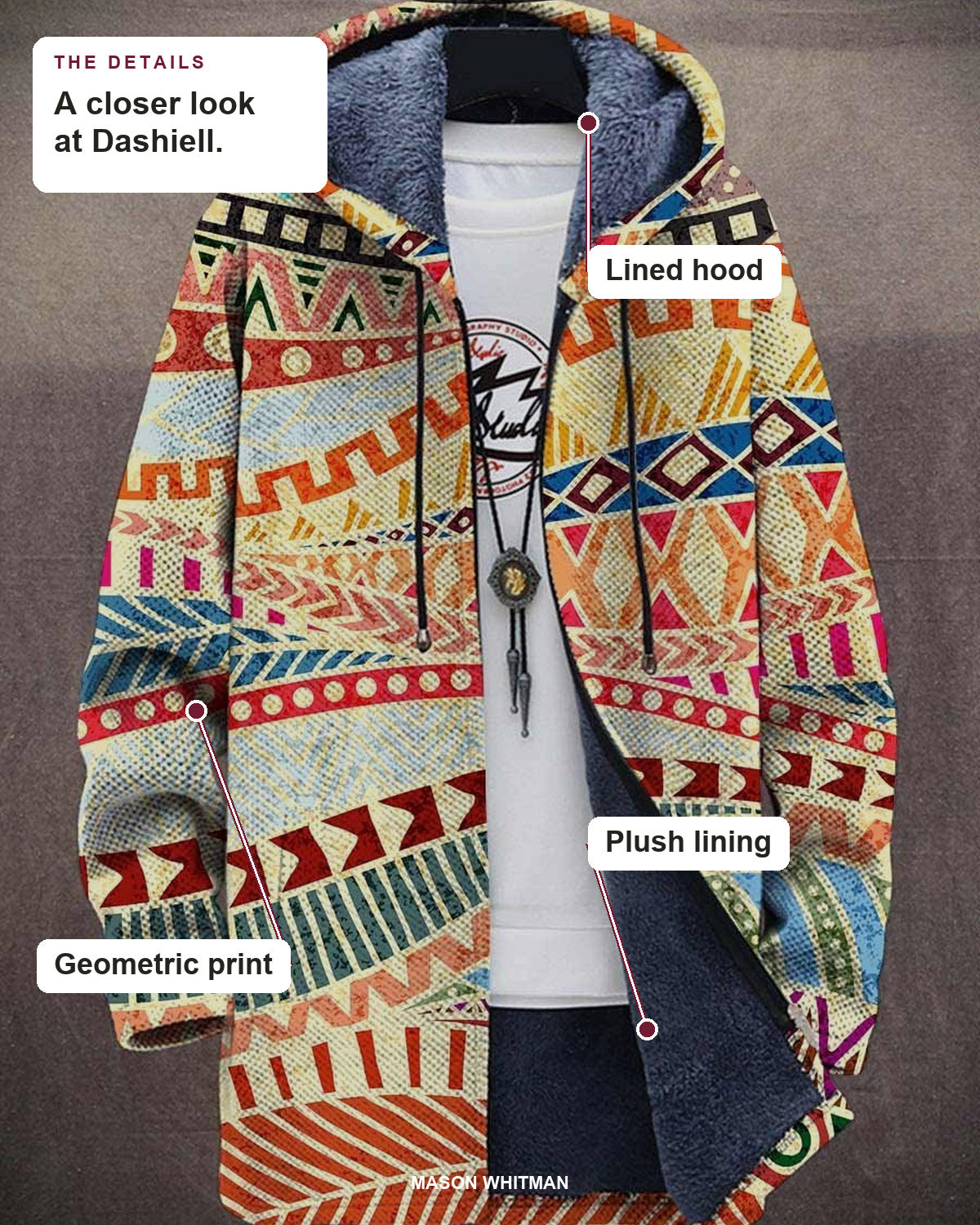 Dashiell details: lined hood, plush lining and geometric print.