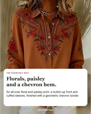 Dawnflora blouse editorial card: floral print, button-up front, chevron hem border.