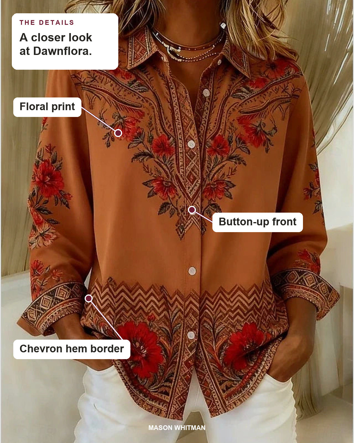 Dawnflora blouse details: floral print, button-up front, chevron hem border.