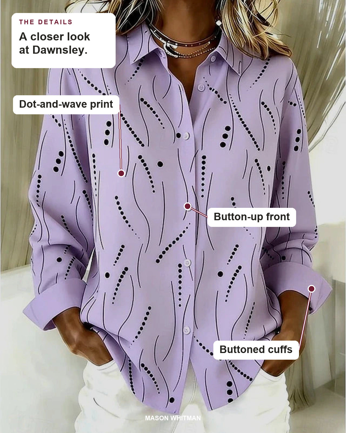 Dawnsley blouse details: dot-and-wave print, button-up front, buttoned cuffs.