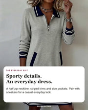 Dorellia styling card: A half-zip neckline, striped trims and side pockets. Pair with sneakers for a casual everyday look.