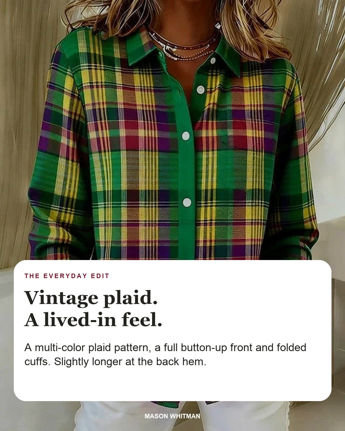 Dulcie blouse editorial card: vintage plaid, button-up front, folded cuffs.