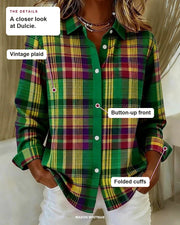 Dulcie blouse details: vintage plaid, button-up front, folded cuffs.
