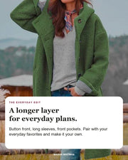 Eleanor editorial styling card: Button front, Long sleeves, Front pockets.