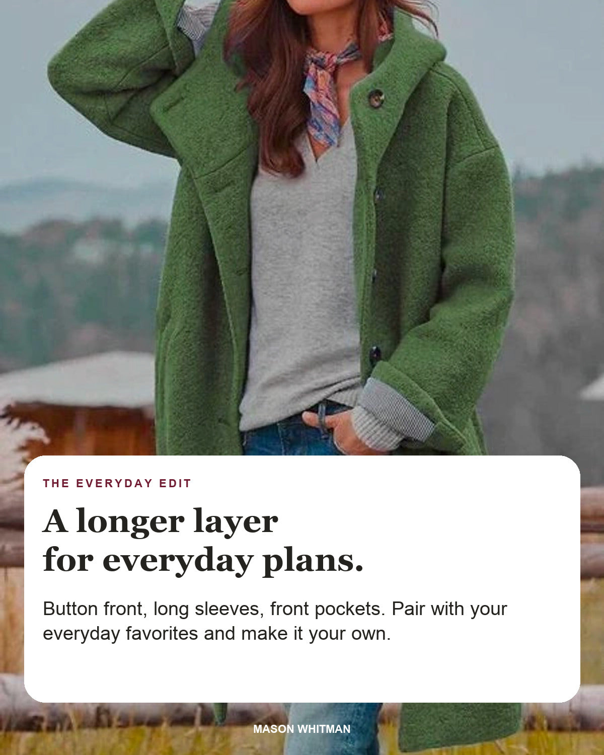 Eleanor editorial styling card: Button front, Long sleeves, Front pockets.