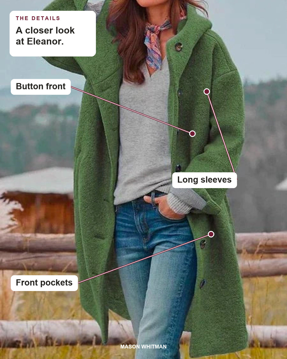 Eleanor details: Button front, Long sleeves, Front pockets.