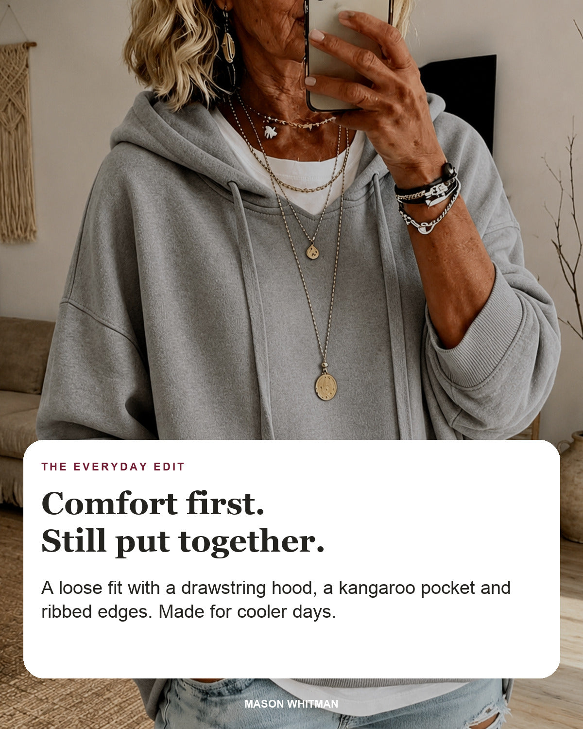 Elise sweater editorial card: drawstring hood, kangaroo pocket, ribbed hem.