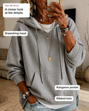 Elise sweater details: drawstring hood, kangaroo pocket, ribbed hem.