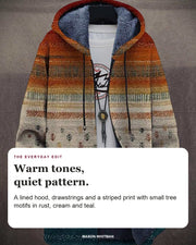 Ella hoodie editorial card: A lined hood, drawstrings and a striped print with small tree motifs in rust, cream and teal.