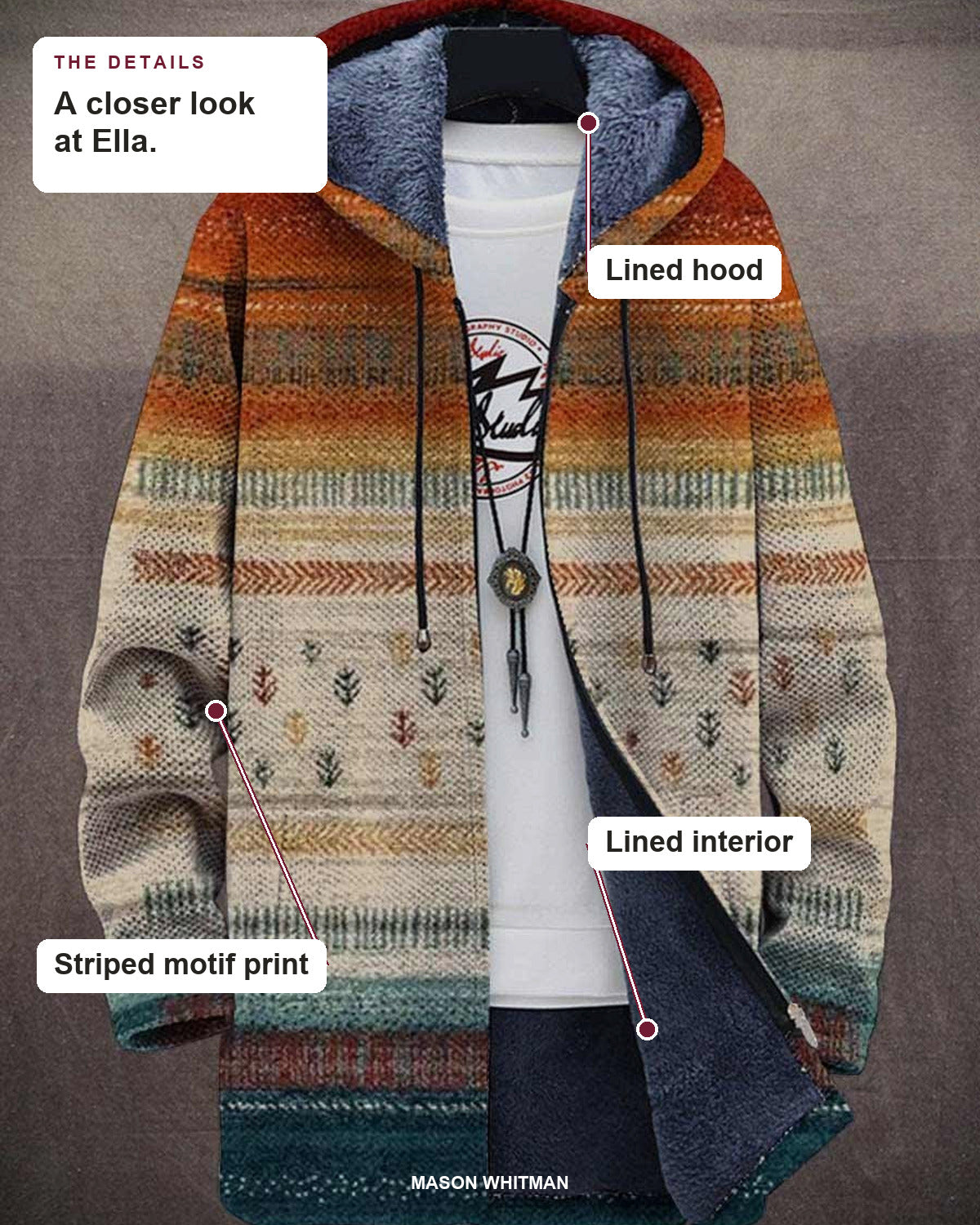 Ella details: lined hood, lined interior and striped motif print.