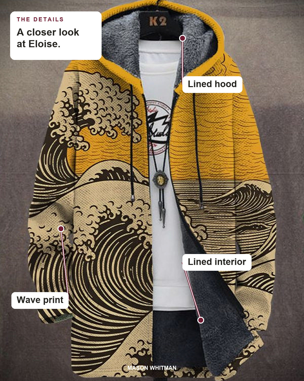 Eloise details: lined hood, lined interior and wave print.