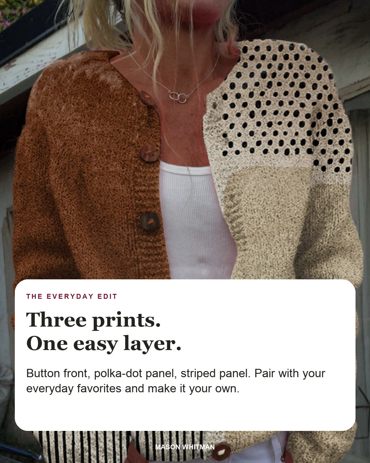 Eloise editorial styling card: Button front, Polka-dot panel, Striped panel.