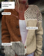 Eloise details: Button front, Polka-dot panel, Striped panel.