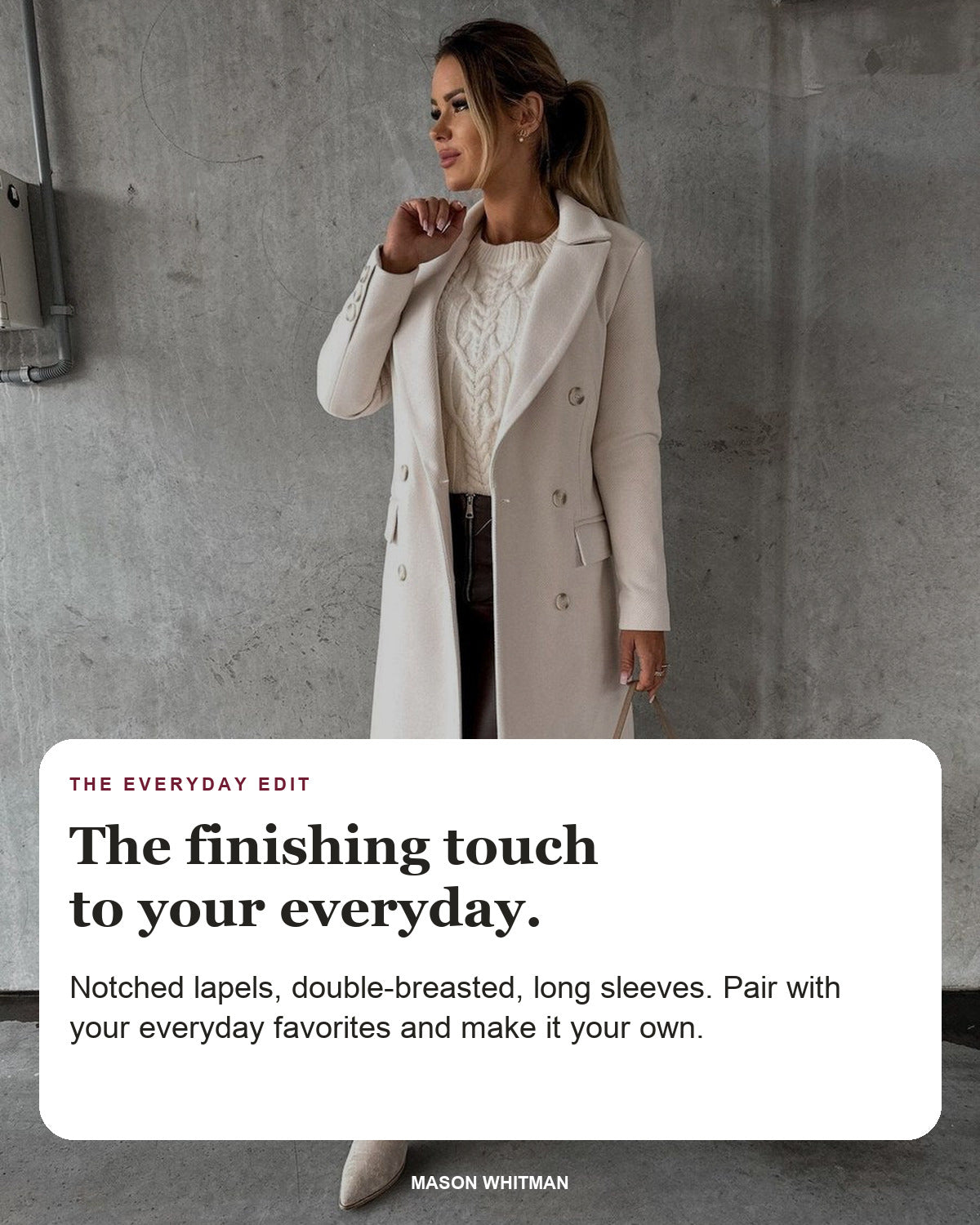 Emeline editorial styling card: Notched lapels, Double-breasted, Long sleeves.