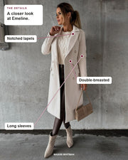 Emeline details: Notched lapels, Double-breasted, Long sleeves.