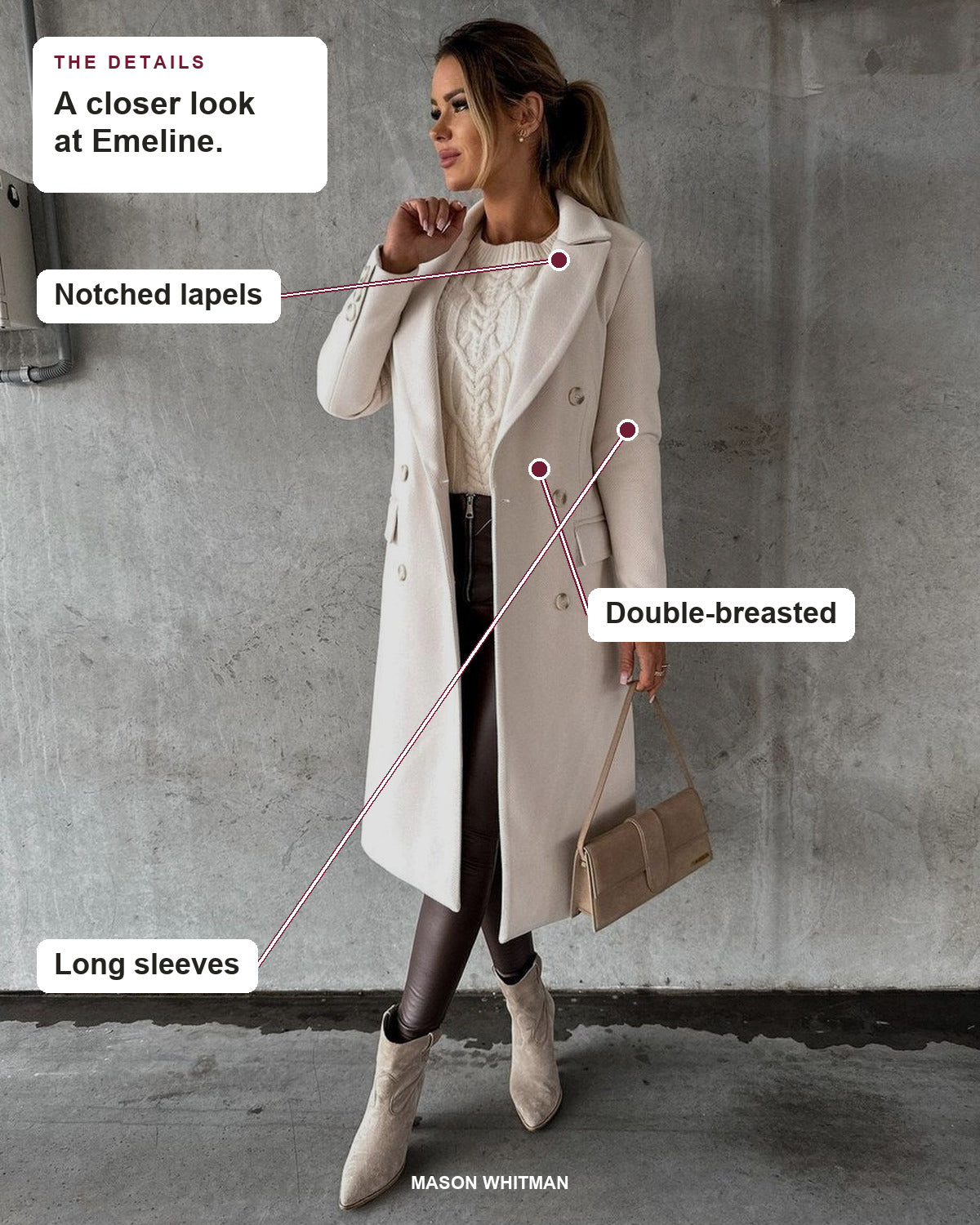 Emeline details: Notched lapels, Double-breasted, Long sleeves.