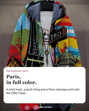 Emerson jacket editorial card: A lined hood, a plush lining and a Paris cityscape print with the Eiffel Tower.