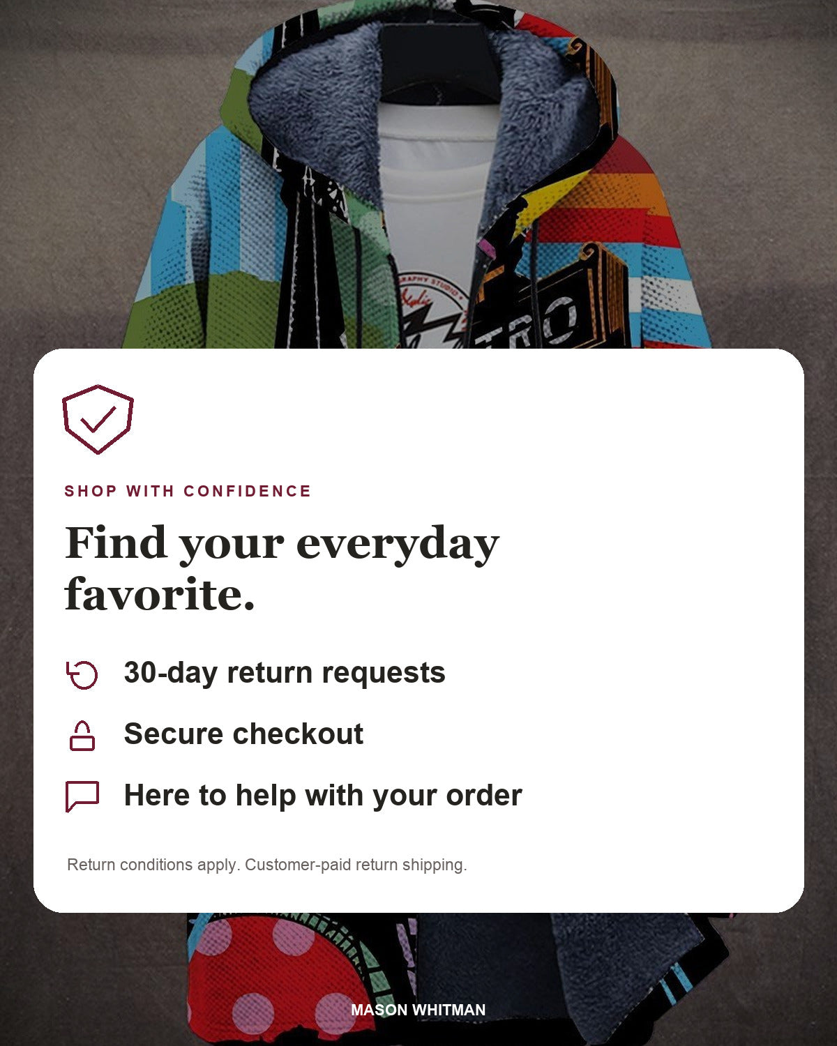 Mason Whitman shopping information: 30-day return requests, secure checkout and customer support. Conditions and customer-paid return shipping apply.