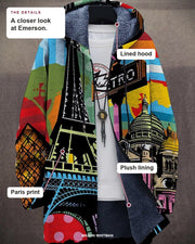 Emerson details: lined hood, plush lining and paris print.