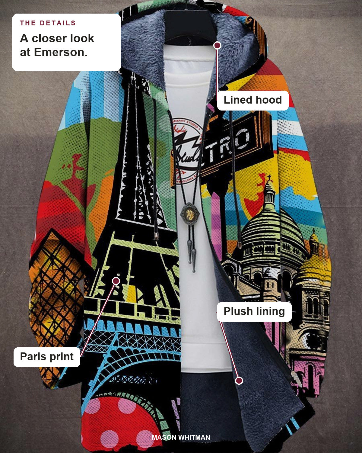 Emerson details: lined hood, plush lining and paris print.