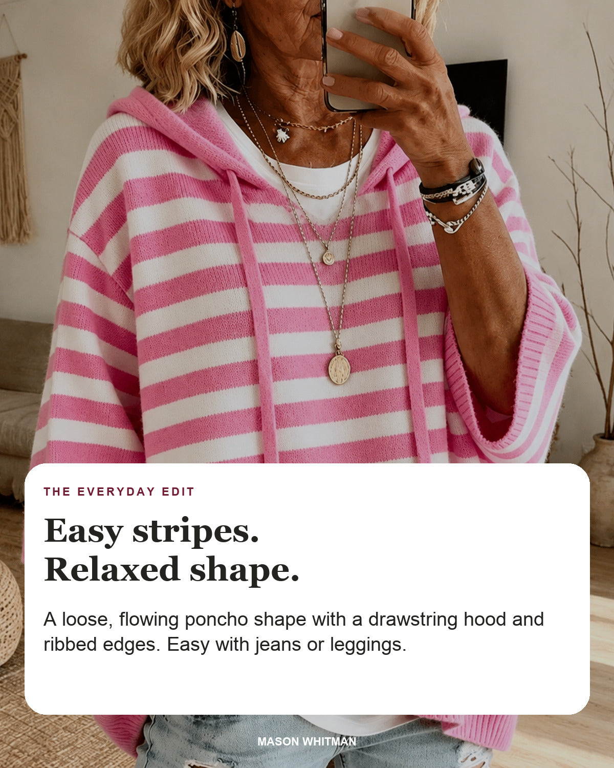 Emilie sweater editorial card: drawstring hood, wide ribbed sleeves, ribbed hem.