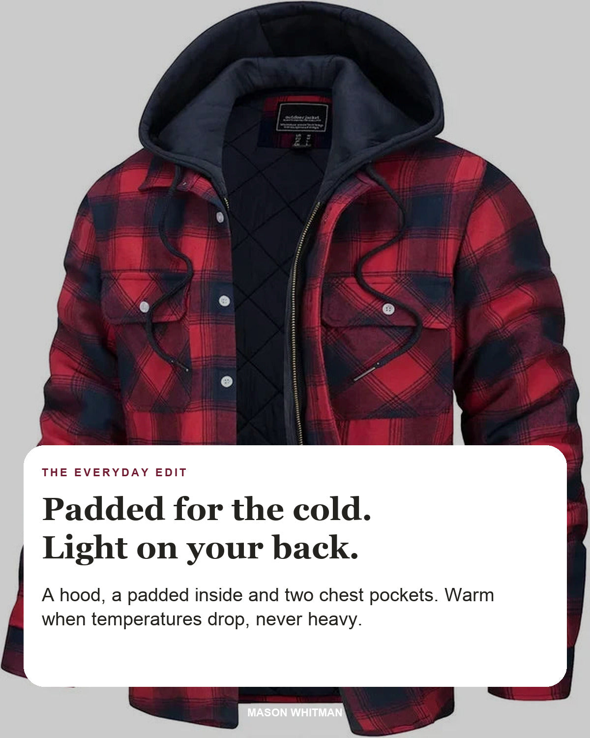 Emmett jacket editorial card: hood, chest pockets, padded lining.