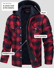 Emmett jacket details: hood, chest pockets, padded lining.