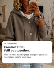Estelle sweater editorial card: drawstring hood, kangaroo pocket, ribbed hem.